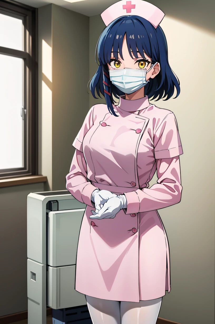 yamada ryo, hair ornament, blue hair, yellow eyes, solo, nurse, ((white nurse cap, white nurse's outfit)), black pantyhose, white gloves, ((white surgical mask, covered nose)), standing, hospital room, sharp outline, long sleeves, best quality, masterpiece