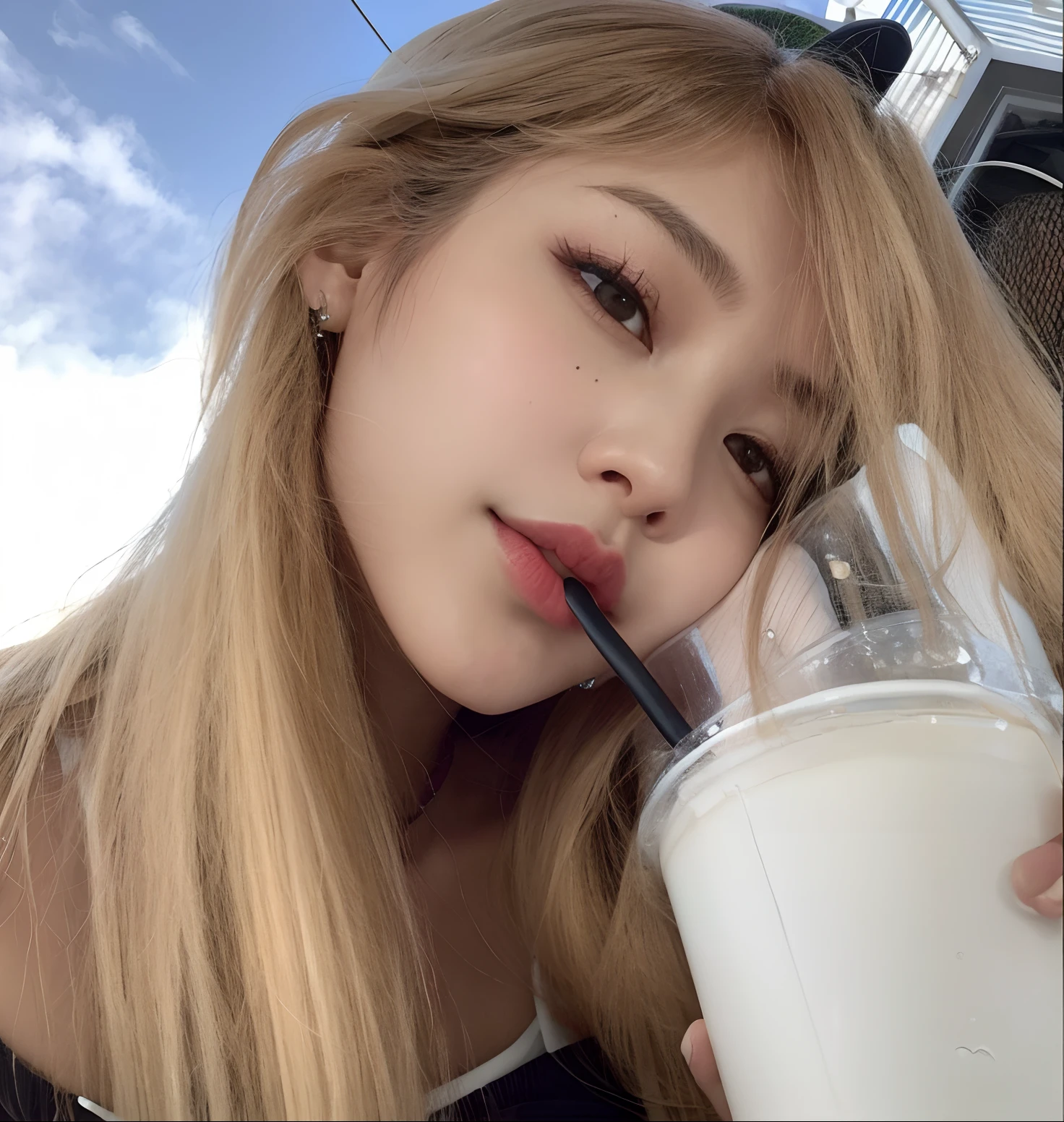 uma mulher com longos cabelos loiros bebendo uma bebida de um copo, Lalisa Manobal, Lalisa Manoban do Blackpink, Parque Roseanne do Blackpink, jossi do blackpink, Ulzzang, Jennie Blackpink, Jinyoung Canela, com um canudo, maquiagem sul-coreana popular, drinking a strawberry iced latte, coreana, Jaeyeon Nam, Kim Doyoung