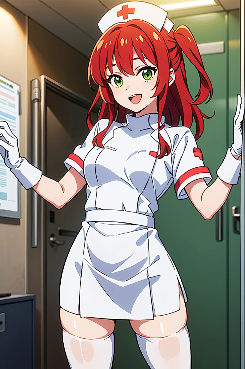 kita ikuyo, one side up, red hair, green eyes, solo, nurse, ((white nurse cap, white nurse's outfit)), ((white legwear, zettai ryouiki)), white gloves, smile, open mouth, standing, hospital room, sharp outline, short sleeves, best quality, masterpiece