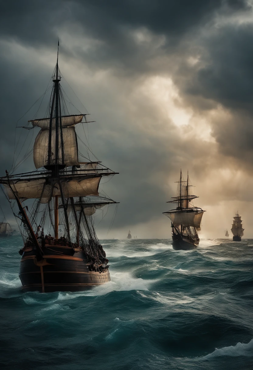 Ancient naval battles under heavy rain，The two sides exchanged fire