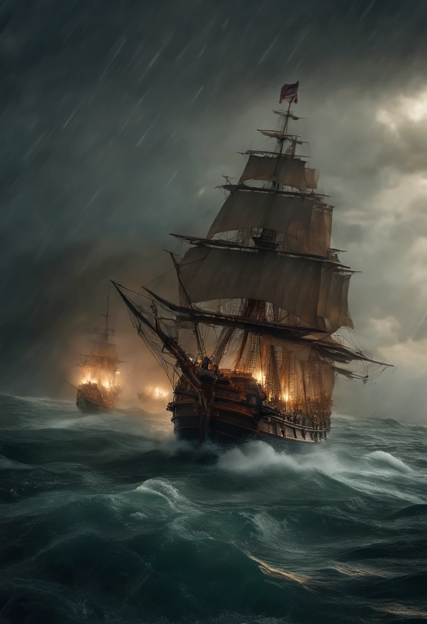 Ancient naval battles under heavy rain,The two sides exchanged fire