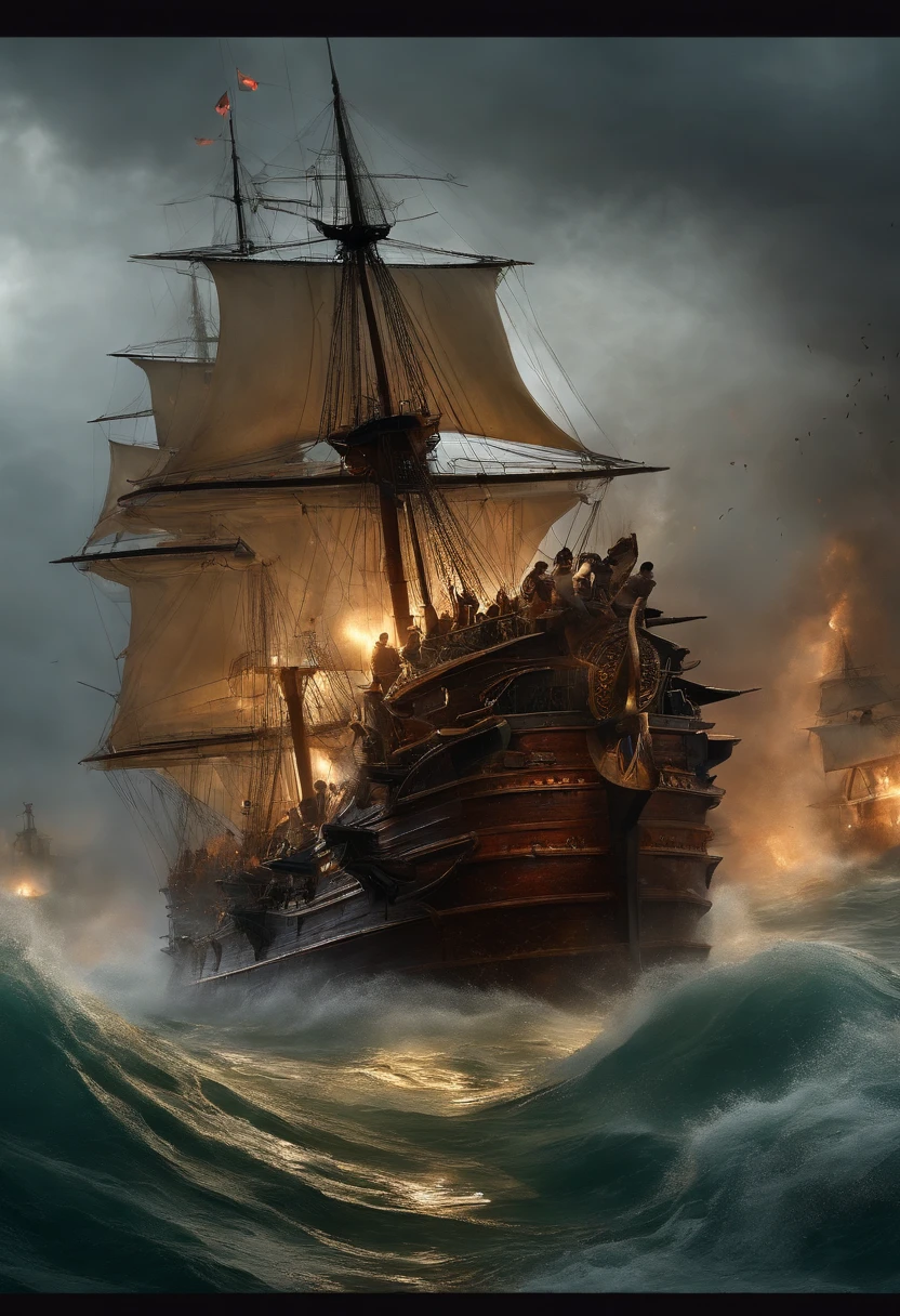 Ancient naval battles under heavy rain，The two sides exchanged fire