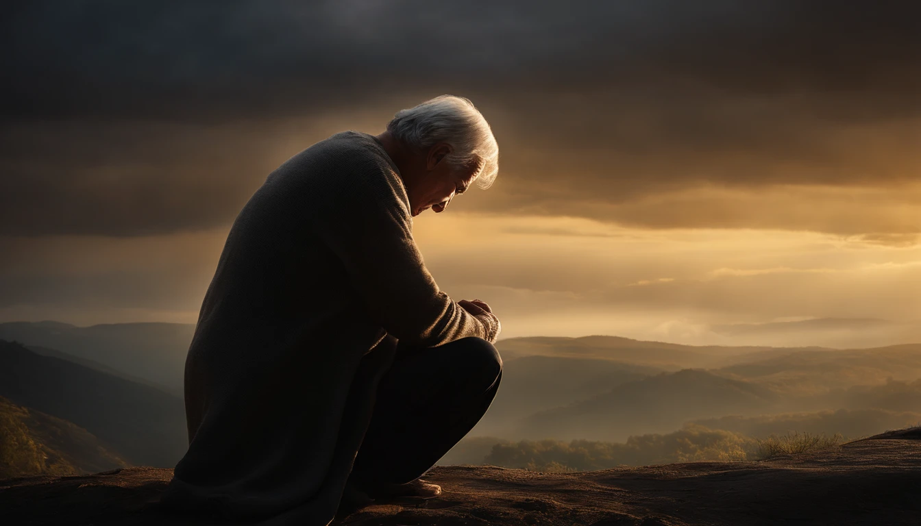 Imagine a high-resolution, photorealistic image that exquisitely captures a person genuinely praying. The person is kneeling with both hands carefully joined, in a gesture of deep devotion. The backlight is absolutely realistic, emanating from a celestial source and filling the scene with a soft, natural glow. Every detail of the image is offered, from the wrinkles on the subject's hands to the subtle nuances of shadow and light on their face. The image quality is exceptional, with textures, cores and details that seem to pop off the screen. This image is an impressive representation of faith and spirituality, capable of touching the hearts of those who contemplate it.