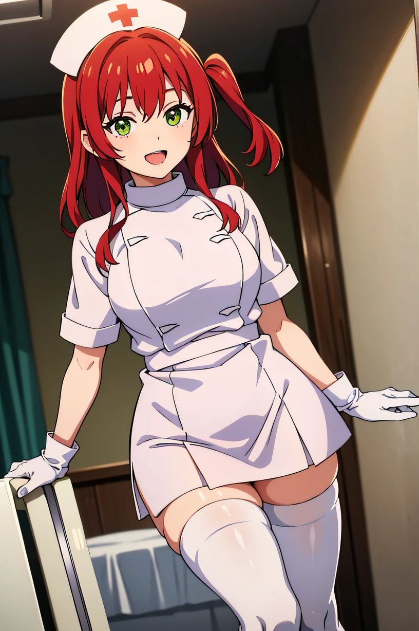 kita ikuyo, one side up, red hair, green eyes, solo, nurse, ((white nurse cap, white nurse's outfit)), ((white legwear, zettai ryouiki)), white gloves, smile, open mouth, standing, hospital room, sharp outline, short sleeves, best quality, masterpiece