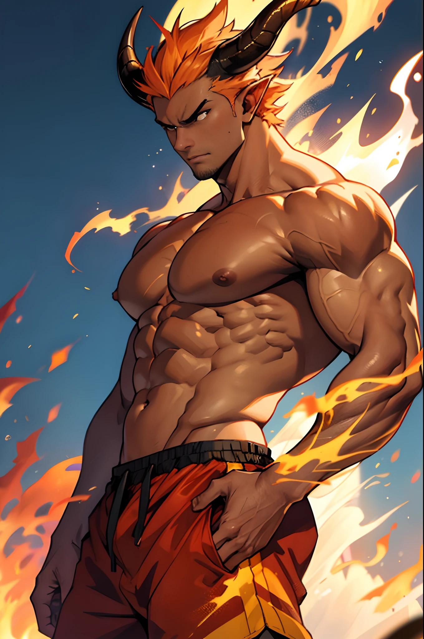 Tanned skin tone, large horns, fire in the background, male, sharp jawline, walking forward intensely, intimidating, showing off his muscles