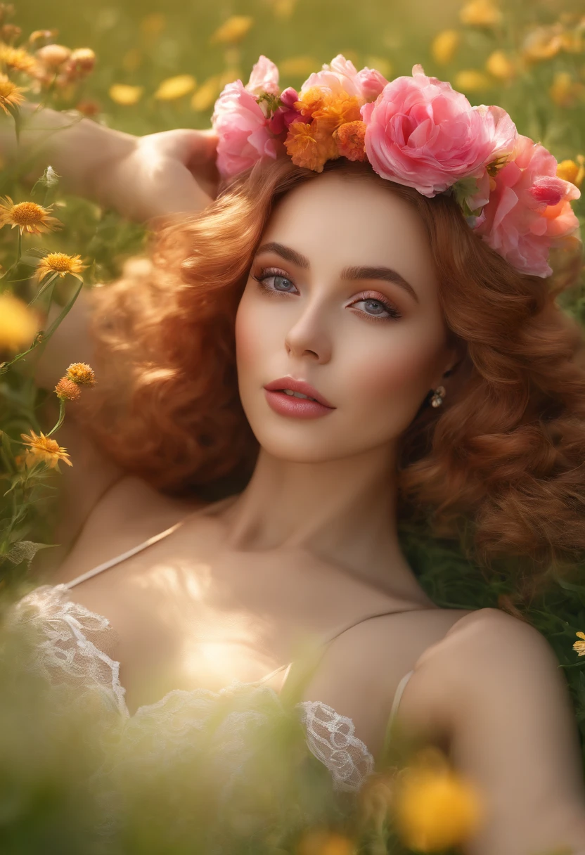 (highest resolution,best quality,4k,8k,highres,masterpiece:1.2),ultra-detailed,realistic,photorealistic,rouse lying in lingerie in a flower field,beautiful detailed eyes,beautiful detailed lips,extremely detailed eyes and face,long eyelashes,red-haired,lingerie,feminine,curly hair,flower crown,serene expression,lush green grass, vibrant colorful flowers,soft and dreamy lighting,romantic atmosphere.