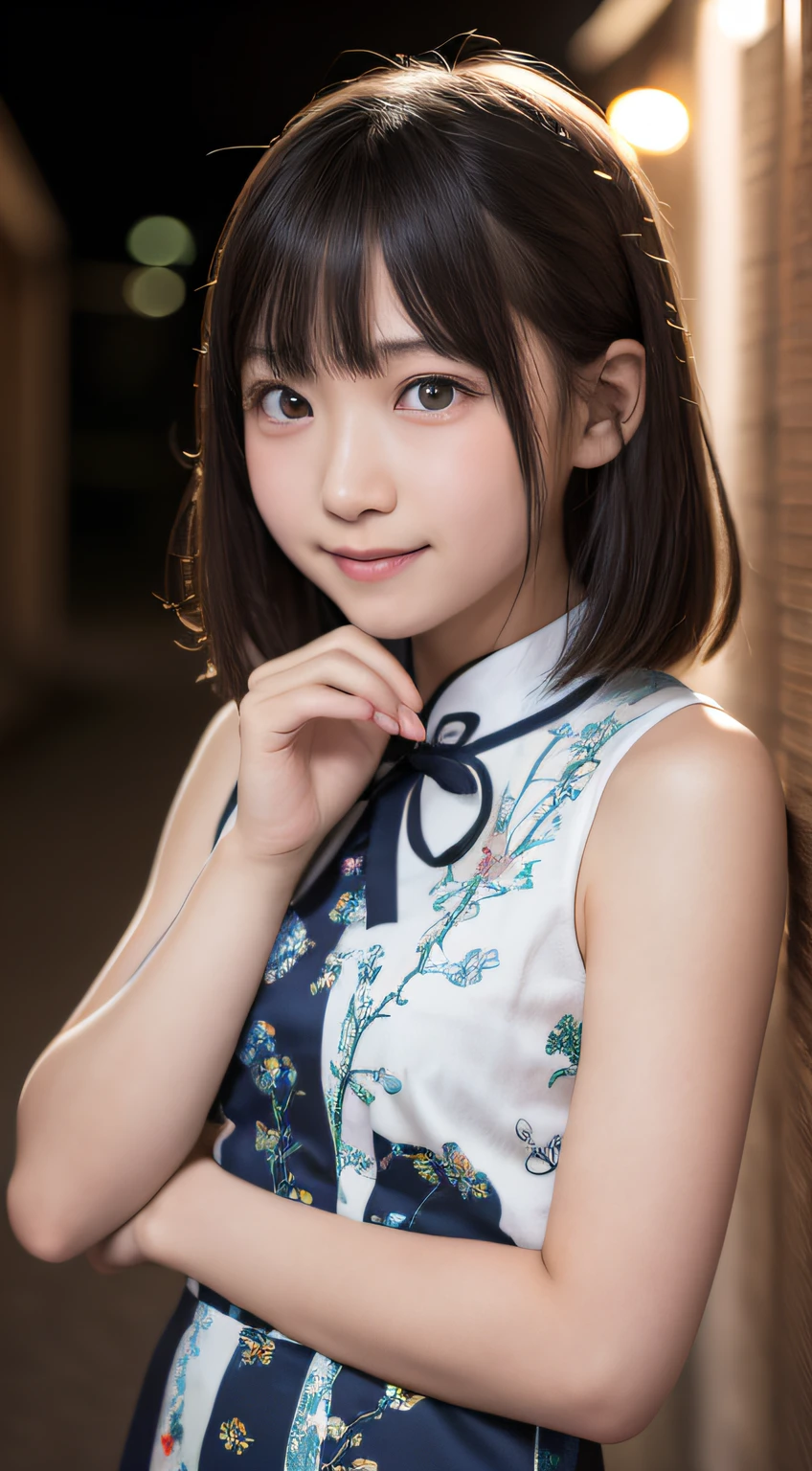 masutepiece, Best Quality, 8K, , Raw photo, absurderes, award winning portrait, Smile, Solo, (Night:1.8), Idol face, violaceaess, Delicate girl, Upper body, Digital SLR, Looking at Viewer, Candid, Sophisticated,Thin arms, Professional Lighting, Film grain, chromatic abberation, (Eyes and faces with detailed:1.0), (Bokeh:1.1) , (qipao dress:1.0) , closes mouth