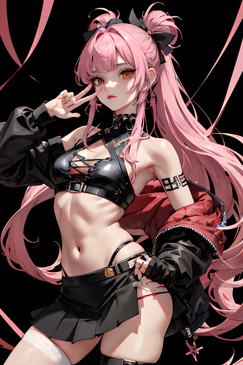 (masuter piece:1.2、top-quality)、(Live action、Intricate details)、(1lady、独奏、The upper part of the body、Colossal tits) garments: Edgy、Black jumper、Pink mini skirt、Avant-garde、Experimental appearance: Long pink hair、Dramatic makeup、Unconventional fashion choices behavior: Rebel、Runaway Ladies Leader、secretary-general、Black jumper、Pink mini skirt、Anti-system、Provocative Location: urban art district、Underground Music Scene Hobbies: Bad girl、Create mixed media art、Experiment with different subcultures values: individuality、authenticity、Creative Expression Inspiration: Runaway Ladies Leader、secretary-general、Counterculture icons、Nature: boldness、Unconventional。