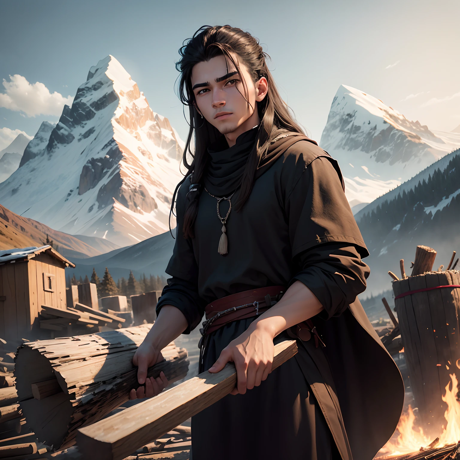 In the background are mountains, A young man, 18 years old named Men, black eyes, long hair, White, wearing a black tunic, Chopping wood