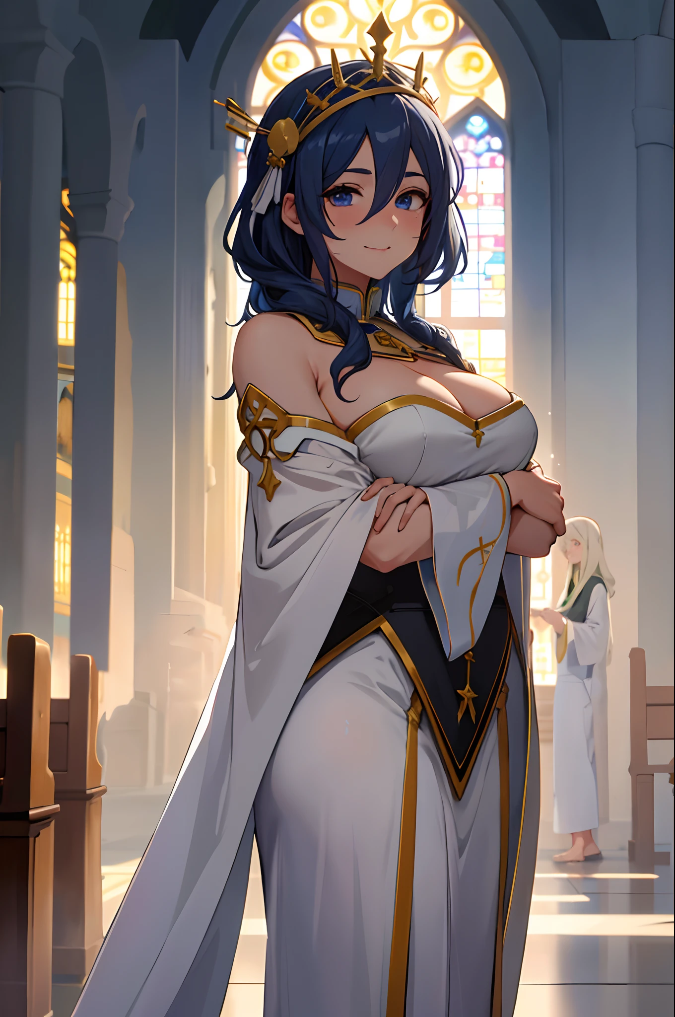 (obra maestra, mejor calidad, alta calidad, highres: 1.4), detallado, extremadamente detallado, soft ambient lighting, 4K, kagamine rin , (mujer madura, milf: 1.2), (cabello largo, cabello rubio, cabello liso, cabello liso: 1.3), (ojos azules, sonrisa: 1.2), pechos enormes, cintura voluptuosa y estrecha, (traje de monja sexy, escote: 1.3), arrodillado, manos en el pecho, desde arriba, Marble floor, iglesia, rayos de luz