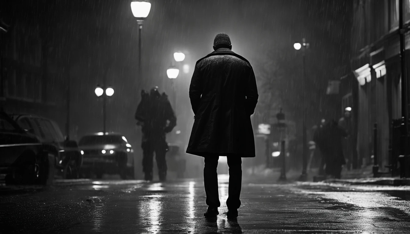 (tragic scene), man in despair, chained by police officers, (detailed facial expression of sadness and grief, tears streaming down his face), (dark and desolate atmosphere), (dramatic lighting with shadows), (realistic and high-resolution), (black and white photography:1.1), (emotionally powerful), (symbolic representation of injustice), (urban setting), (gritty textures), (expression of vulnerability and suffering), (minimalist style), (contrast between light and dark), (dramatic composition), (heavy rain pouring down), (streets illuminated by neon lights), (harsh and cold colors), (strong emotional impact), (protests in the background), (striking visual narrative), (surreal elements to convey the emotional turmoil), (blurry background to add depth and focus on the man), (raindrops creating a sense of texture and movement), (foreboding tone to evoke suspense and tension), (close-up shot of the man's face to emphasize his turmoil and helplessness), (precarious balance between hope and despair).