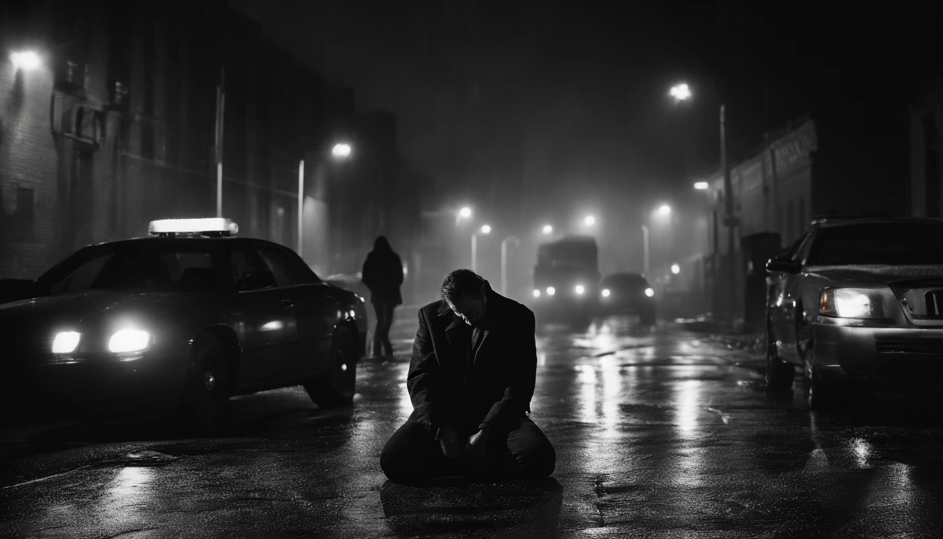 (tragic scene), man in despair, chained by police officers, (detailed facial expression of sadness and grief, tears streaming down his face), (dark and desolate atmosphere), (dramatic lighting with shadows), (realistic and high-resolution), (black and white photography:1.1), (emotionally powerful), (symbolic representation of injustice), (urban setting), (gritty textures), (expression of vulnerability and suffering), (minimalist style), (contrast between light and dark), (dramatic composition), (heavy rain pouring down), (streets illuminated by neon lights), (harsh and cold colors), (strong emotional impact), (protests in the background), (striking visual narrative), (surreal elements to convey the emotional turmoil), (blurry background to add depth and focus on the man), (raindrops creating a sense of texture and movement), (foreboding tone to evoke suspense and tension), (close-up shot of the man's face to emphasize his turmoil and helplessness), (precarious balance between hope and despair).
