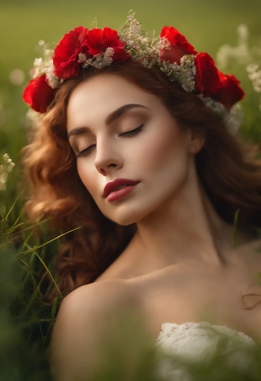 (highest resolution,best quality,4k,8k,highres,masterpiece:1.2),ultra-detailed,realistic,photorealistic,rouse lying in lingerie in a flower field,beautiful detailed eyes,beautiful detailed lips,extremely detailed eyes and face,long eyelashes,red-haired,lingerie,feminine,curly hair,flower crown,serene expression,lush green grass, vibrant colorful flowers,soft and dreamy lighting,romantic atmosphere.
