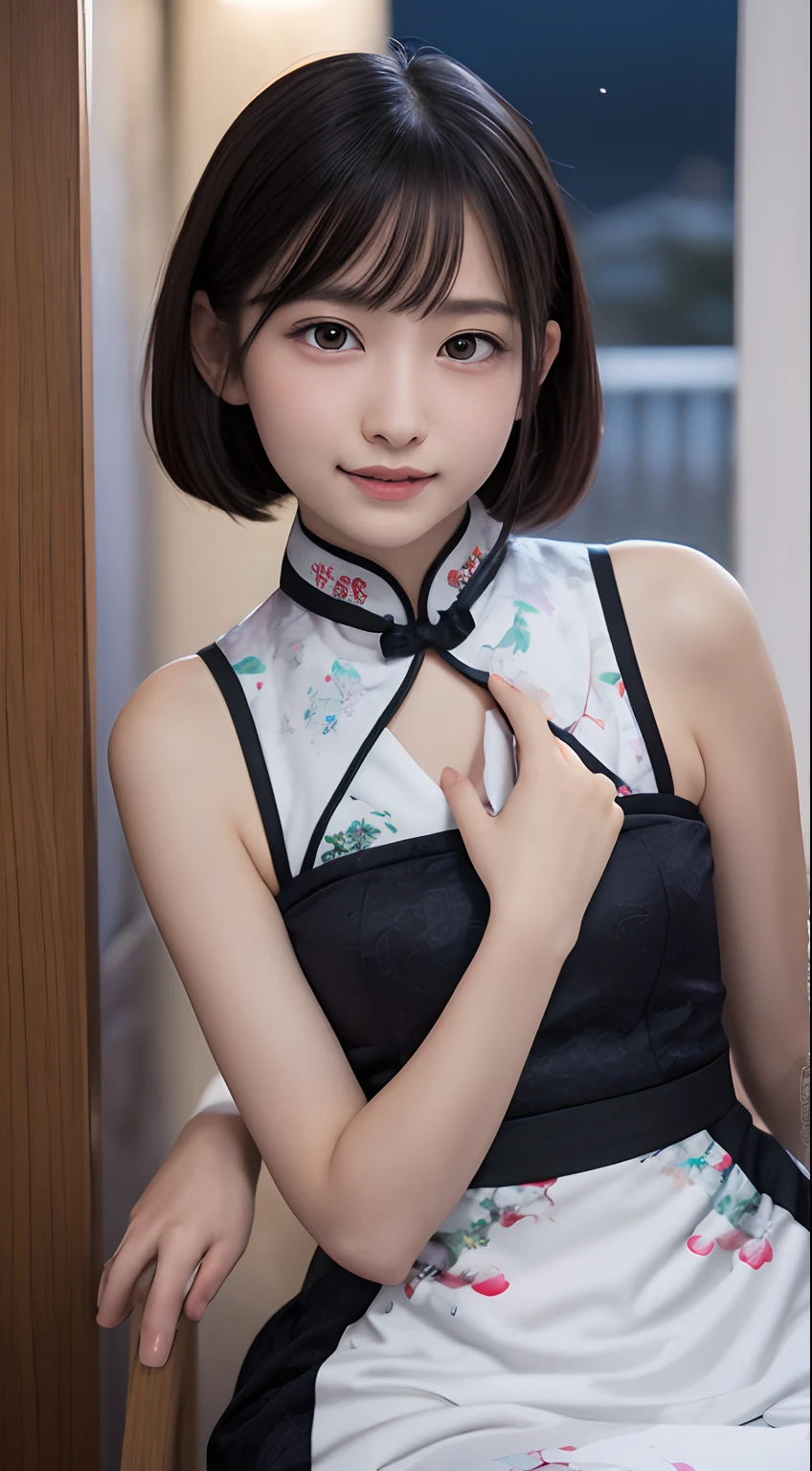 masutepiece, Best Quality, 8K, 10yo student, Teen, Raw photo, absurderes, award winning portrait, Smile, Solo, (Night:1.8), Idol face, violaceaess, Delicate girl, Upper body, Digital SLR, Looking at Viewer, Candid, Sophisticated,Thin arms, Professional Lighting, Film grain, chromatic abberation, (Eyes and faces with detailed:1.0), (Bokeh:1.1) , (qipao dress:1.2) , closes mouth