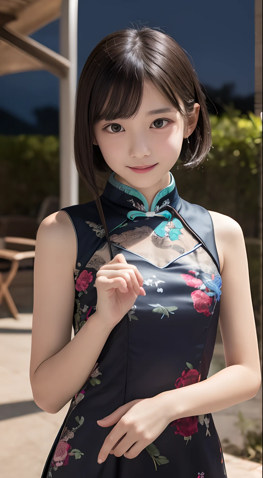 masutepiece, Best Quality, 8K, 10yo student, Teen, Raw photo, absurderes, award winning portrait, Smile, Solo, (Night:1.8), Idol face, violaceaess, Delicate girl, Upper body, Digital SLR, Looking at Viewer, Candid, Sophisticated,Thin arms, Professional Lighting, Film grain, chromatic abberation, (Eyes and faces with detailed:1.0), (Bokeh:1.1) , (qipao dress:1.2) , closes mouth