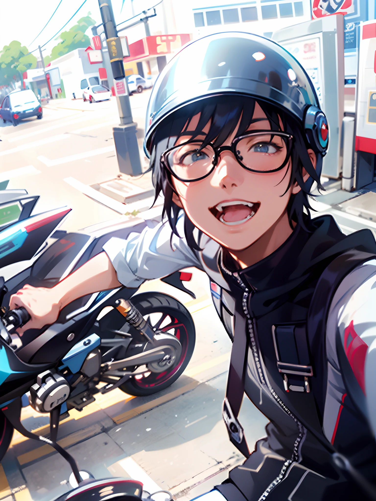 anime boy with glasses and helmet on riding a motorcycle, 🚿🗝📝, akira moto, okata kazuto, yukio - e, artwork in the style of guweiz, artgerm and atey ghailan, 2 d anime style, avatar image, yasumoto oka, kuvshinov ilya, anime artstyle, kuvshinov