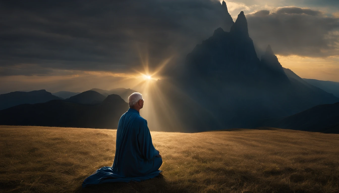 Imagine a high-resolution, photorealistic image that exquisitely captures a person genuinely praying. The person is kneeling with both hands carefully joined, in a gesture of deep devotion. The backlight is absolutely realistic, emanating from a celestial source and filling the scene with a soft, natural glow. Every detail of the image is offered, from the wrinkles on the subject's hands to the subtle nuances of shadow and light on their face. The image quality is exceptional, with textures, cores and details that seem to pop off the screen. This image is an impressive representation of faith and spirituality, capable of touching the hearts of those who contemplate it.