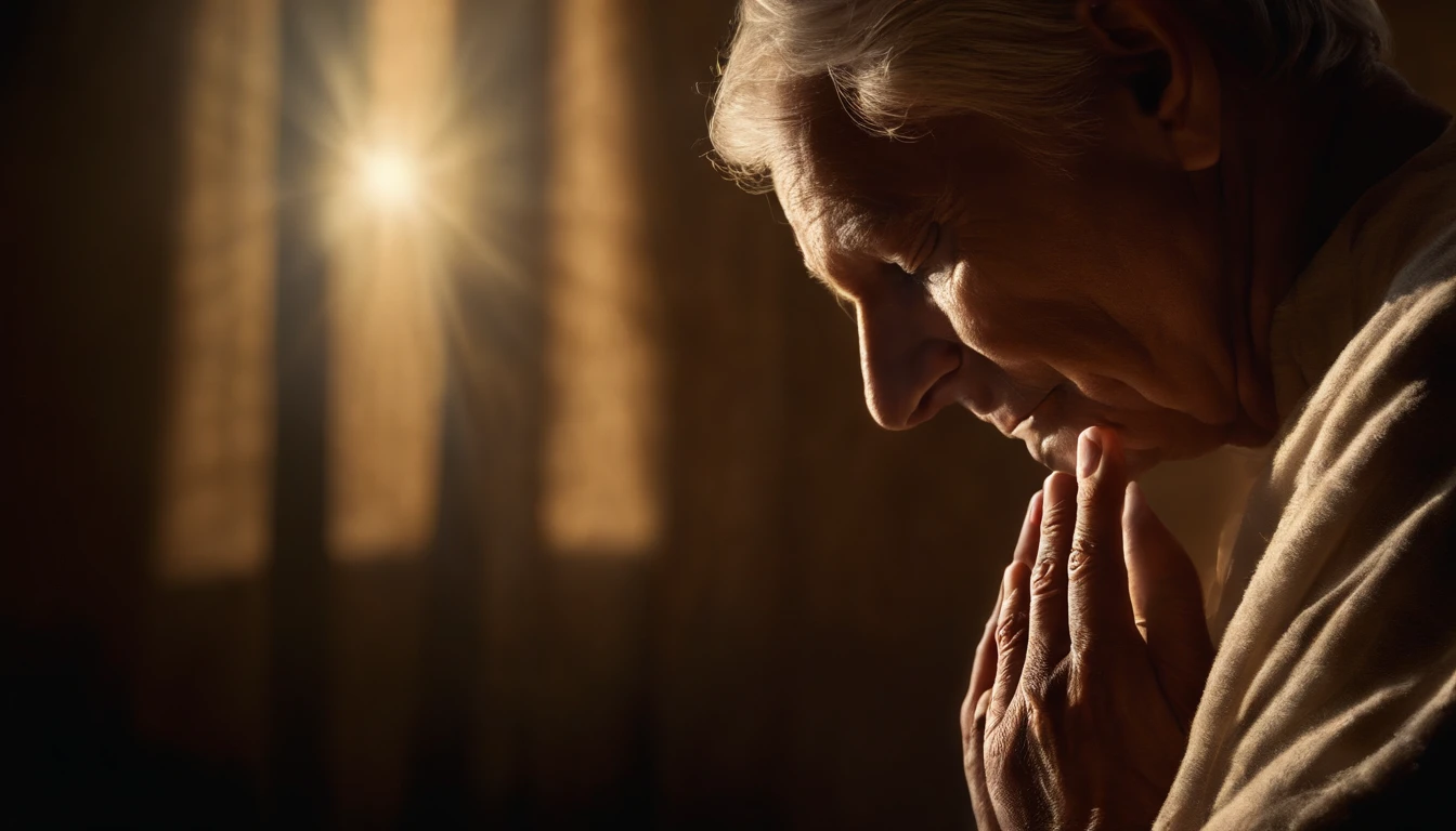 Imagine a high-resolution, photorealistic image that exquisitely captures a person genuinely praying. The person is kneeling with both hands carefully joined, in a gesture of deep devotion. The backlight is absolutely realistic, emanating from a celestial source and filling the scene with a soft, natural glow. Every detail of the image is offered, from the wrinkles on the subject's hands to the subtle nuances of shadow and light on their face. The image quality is exceptional, with textures, cores and details that seem to pop off the screen. This image is an impressive representation of faith and spirituality, capable of touching the hearts of those who contemplate it.