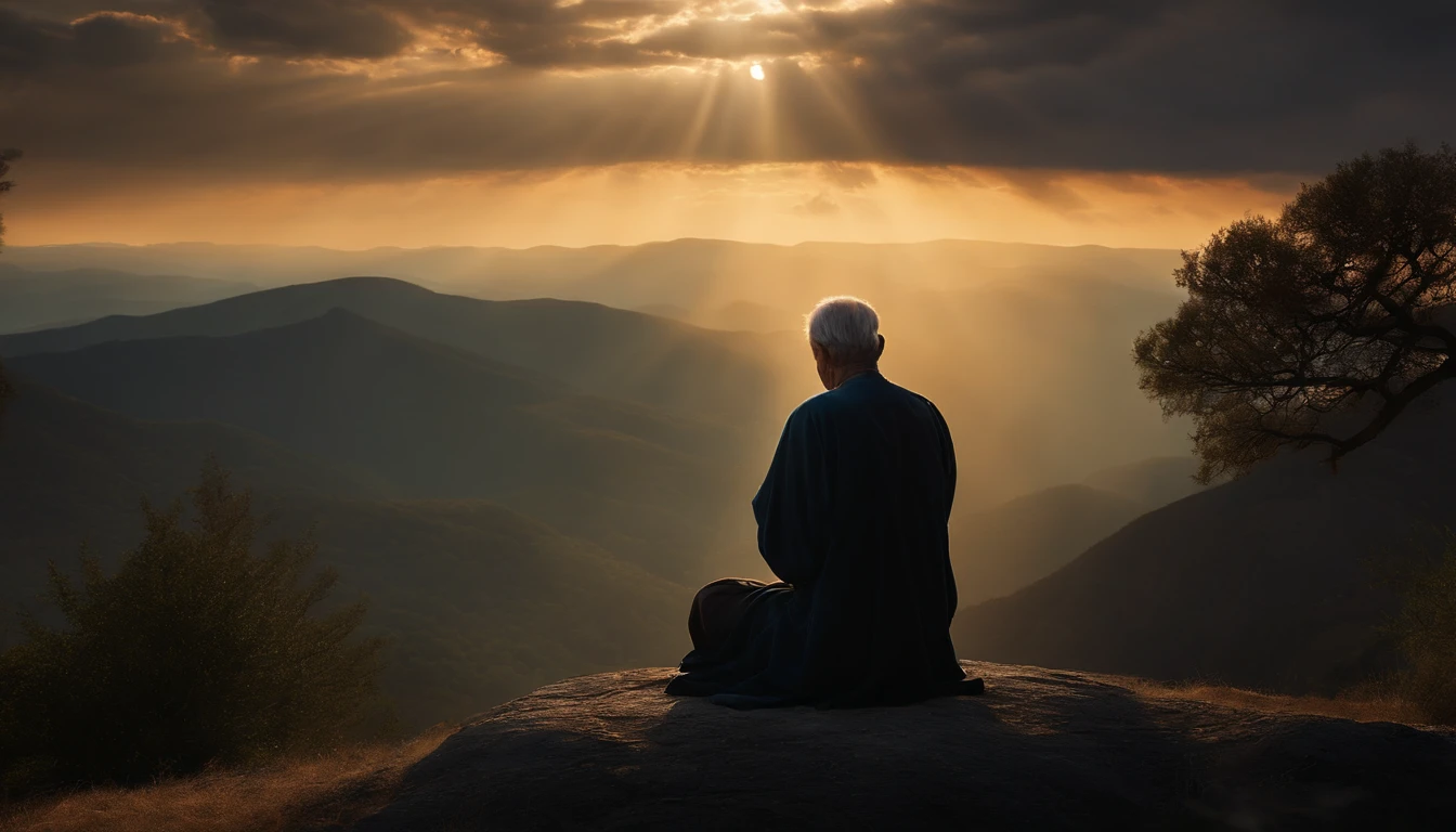 Imagine a high-resolution, photorealistic image that exquisitely captures a person genuinely praying. The person is kneeling with both hands carefully joined, in a gesture of deep devotion. The backlight is absolutely realistic, emanating from a celestial source and filling the scene with a soft, natural glow. Every detail of the image is offered, from the wrinkles on the subject's hands to the subtle nuances of shadow and light on their face. The image quality is exceptional, with textures, cores and details that seem to pop off the screen. This image is an impressive representation of faith and spirituality, capable of touching the hearts of those who contemplate it.