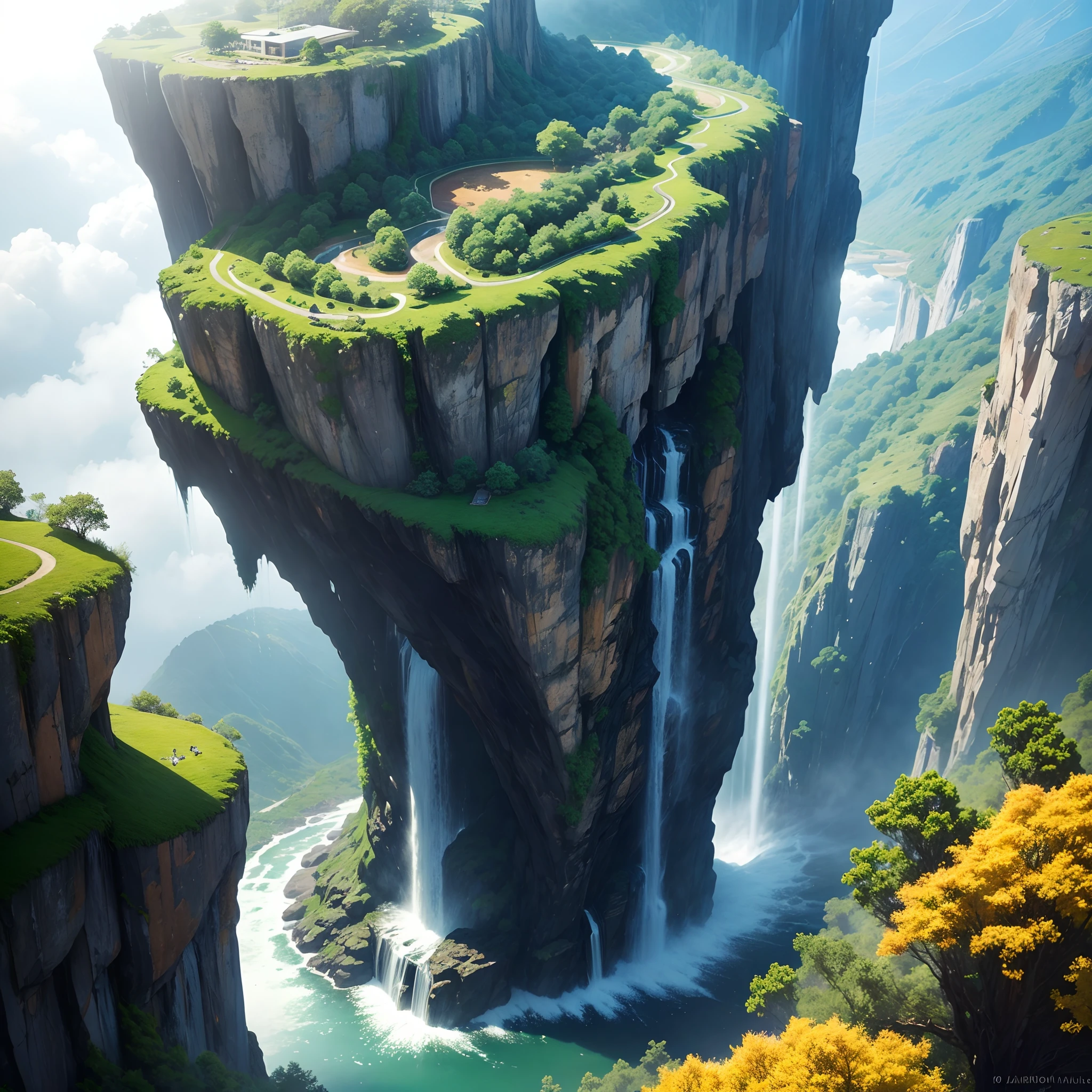 ultraclear，Planet Pandora，Amazing plants，Greenery is everywhere，towering trees，Vines lead to the cliffs，Planes soar，in the early morning，Orange-yellow Asaka，((Beautiful Asaka))，large scene，wide angles，Cinematic texture，Pubic area is clear，Clouds in mid-air，There is a large waterfall that falls from the highest point，Water mist fills the waterfall around the waterfall