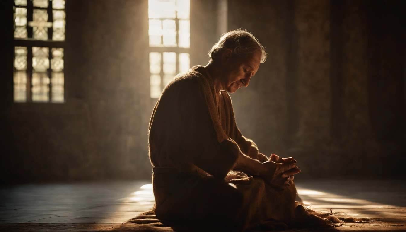 Imagine a high-resolution, photorealistic image that exquisitely captures a person genuinely praying. The person is kneeling with both hands carefully joined, in a gesture of deep devotion. The backlight is absolutely realistic, emanating from a celestial source and filling the scene with a soft, natural glow. Every detail of the image is offered, from the wrinkles on the subject's hands to the subtle nuances of shadow and light on their face. The image quality is exceptional, with textures, cores and details that seem to pop off the screen. This image is an impressive representation of faith and spirituality, capable of touching the hearts of those who contemplate it.