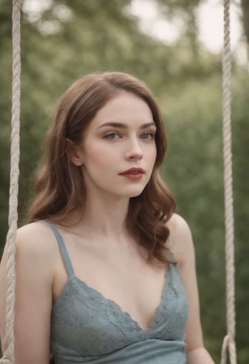 Mulher 22 anos, pale skinned, maquiagem, cabelo colorido, surrealista sitting on a swing