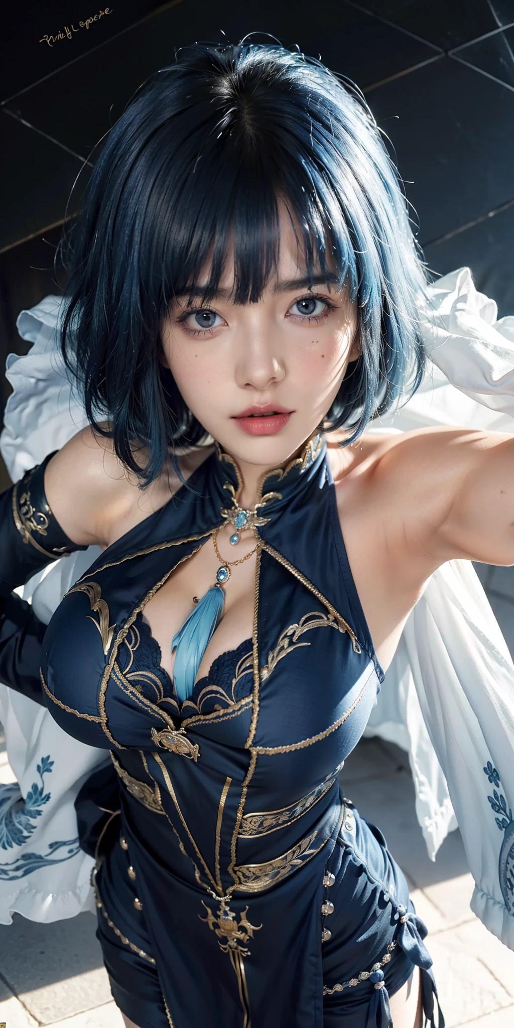 Best quality, masterpiece, big boobs, (large breasts), detailed skin texture, detailed cloth texture, detailed face, super detail, 8k, intricate detail, 1girl, blue hair, pretty lips, short hair