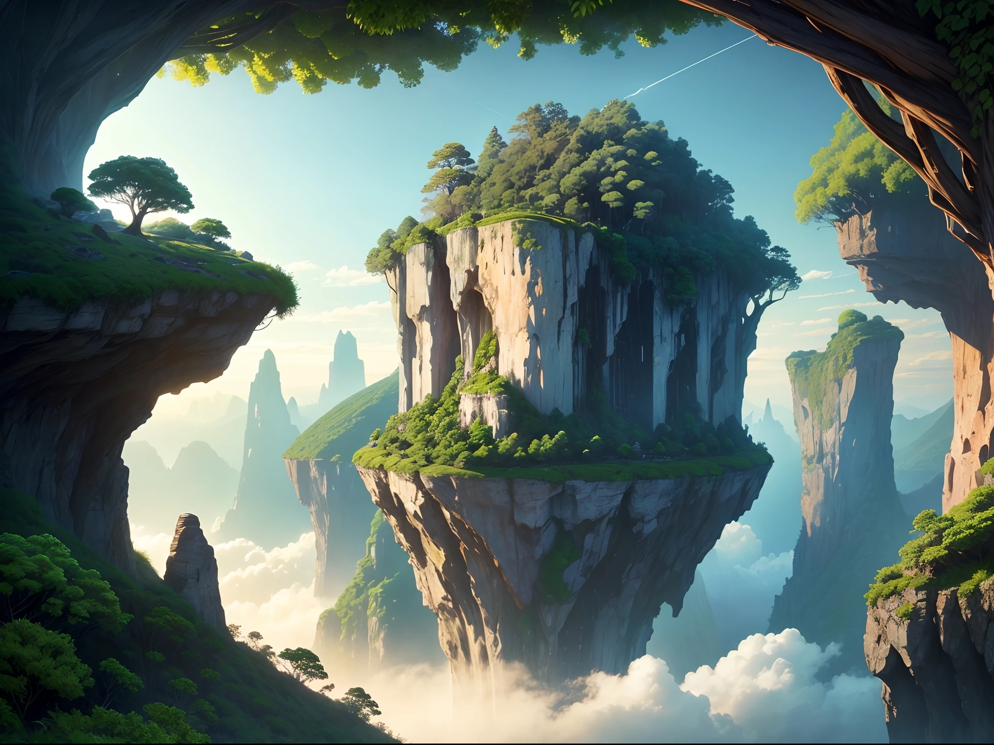 ultraclear,Planet Pandora,Amazing plants,Greenery is everywhere,towering trees,Vines lead to the cliffs,Planes soar,in the early morning,sunraise,Glow,large scene,wide angles,Cinematic texture,Pubic area is clear,Clouds in mid-air