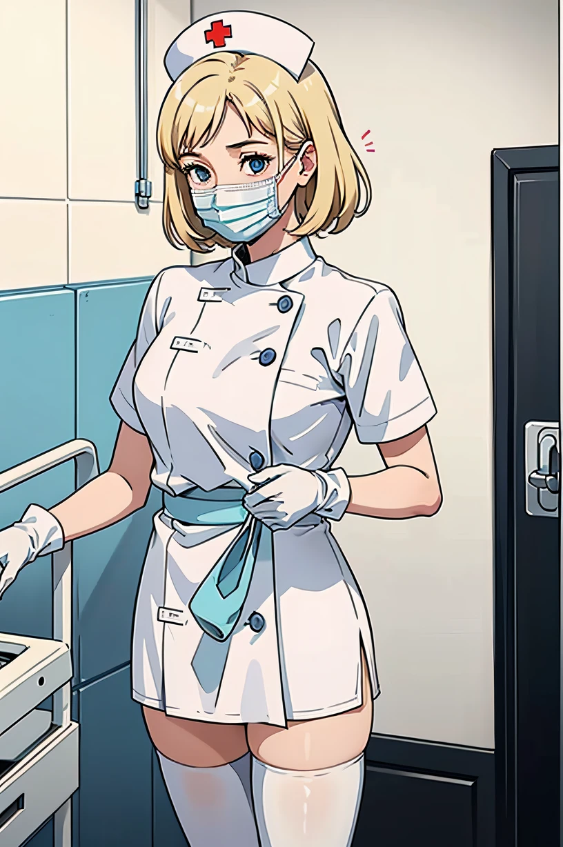 1woman, nurse, nurse cap, white wear, ((white legwear, zettai ryouiki)), white gloves, blonde hair, blue eyes, ((white surgical mask, covered nose)), standing, ((hospital room)), sharp outline, short sleeves, mature female, 35 years old, best quality, masterpiece