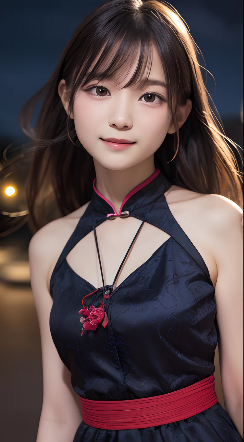 masutepiece, Best Quality, 8K, , Raw photo, absurderes, award winning portrait, Smile, Solo, (Night:1.8), Idol face, violaceaess, Delicate girl, Upper body, Digital SLR, Looking at Viewer, Candid, Sophisticated,Thin arms, Professional Lighting, Film grain, chromatic abberation, (Eyes and faces with detailed:1.0), (Bokeh:1.1) , (qipao dress:1.1) , closes mouth