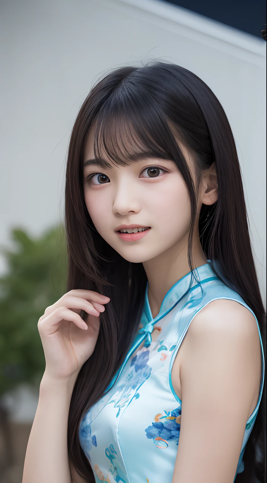 masutepiece, Best Quality, 8K, , Raw photo, absurderes, award winning portrait, Smile, Solo, (Night:1.8), Idol face, violaceaess, Delicate girl, Upper body, Digital SLR, Looking at Viewer, Candid, Sophisticated,Thin arms, Professional Lighting, Film grain, chromatic abberation, (Eyes and faces with detailed:1.0), (Bokeh:1.1) , (qipao dress:1.1) , closes mouth