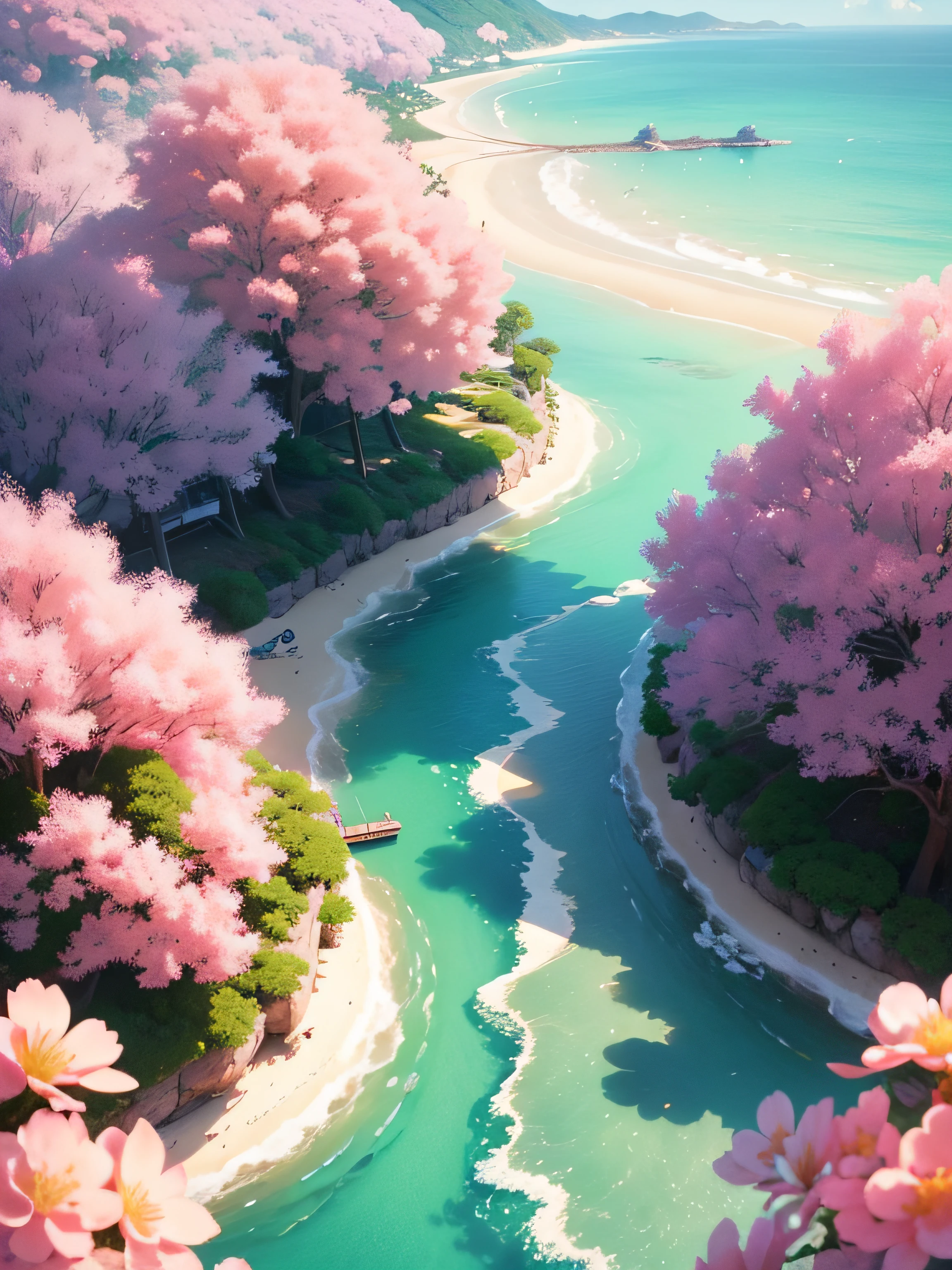 /Drawing Peach Blossom Island,Cream cloud,White pink tones,Above the whole,Fresh summer style,in style of ghibli,rich details,high-definition photography,bright daylight,Vivid colors,zbursh,8K