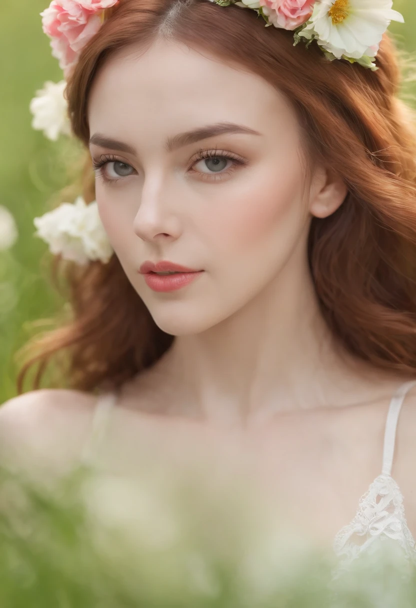 (highest resolution,best quality,4k,8k,highres,masterpiece:1.2),ultra-detailed,realistic,photorealistic,rouse lying in lingerie in a flower field,beautiful detailed eyes,beautiful detailed lips,extremely detailed eyes and face,long eyelashes,red-haired,lingerie,feminine,curly hair,flower crown,serene expression,lush green grass, vibrant colorful flowers,soft and dreamy lighting,romantic atmosphere.