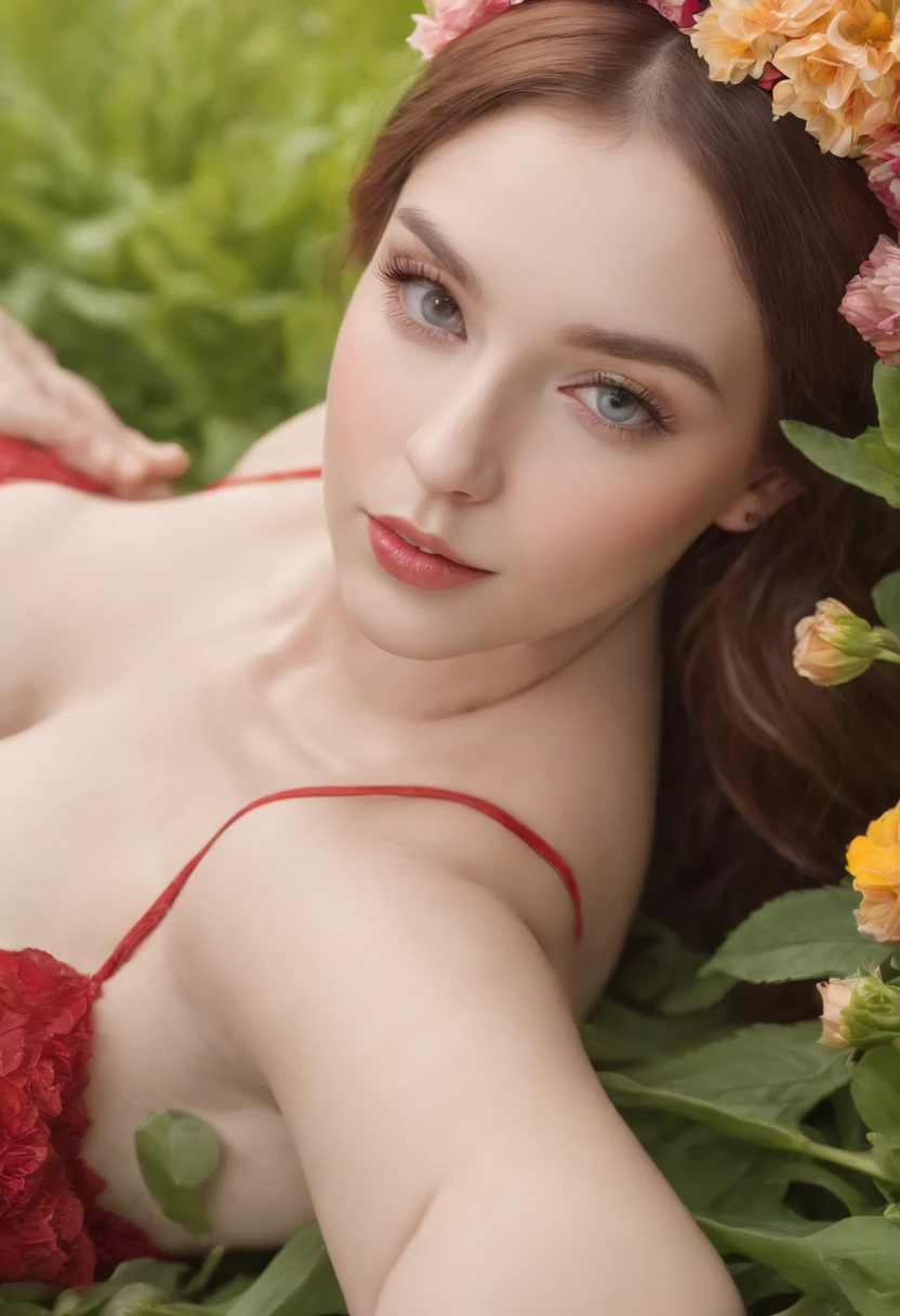 (highest resolution,best quality,4k,8k,highres,masterpiece:1.2),ultra-detailed,realistic,photorealistic,rouse lying in lingerie in a flower field,beautiful detailed eyes,beautiful detailed lips,extremely detailed eyes and face,long eyelashes,red-haired,lingerie,feminine,curly hair,flower crown,serene expression,lush green grass, vibrant colorful flowers,soft and dreamy lighting,romantic atmosphere.