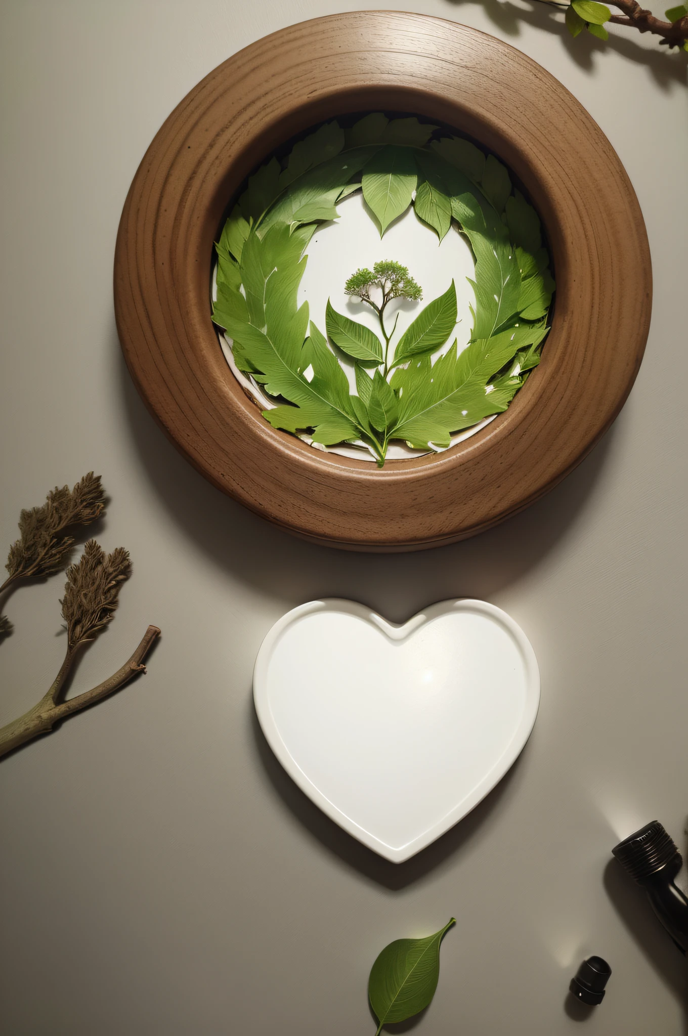 a heart of leaves with a tree in the center , clipart, white background, water color effect