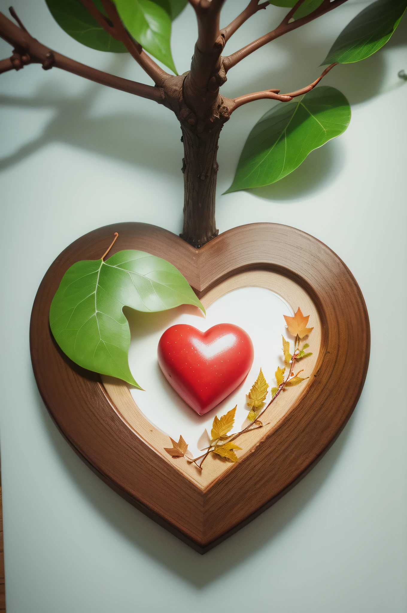 a heart of leaves with a tree in the center , clipart, white background, water color effect