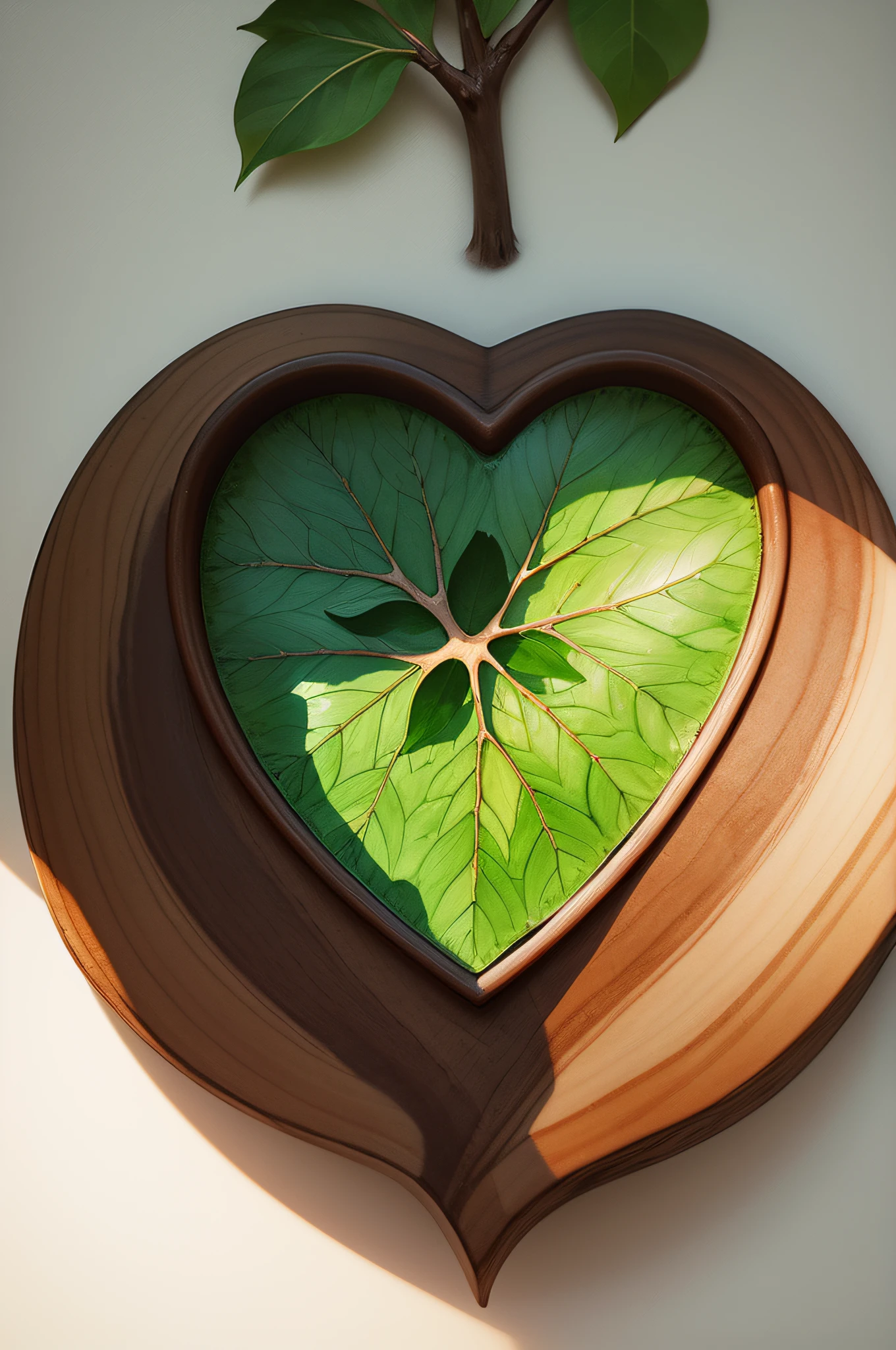 a heart of leaves with a tree in the center , clipart, white background, water color effect