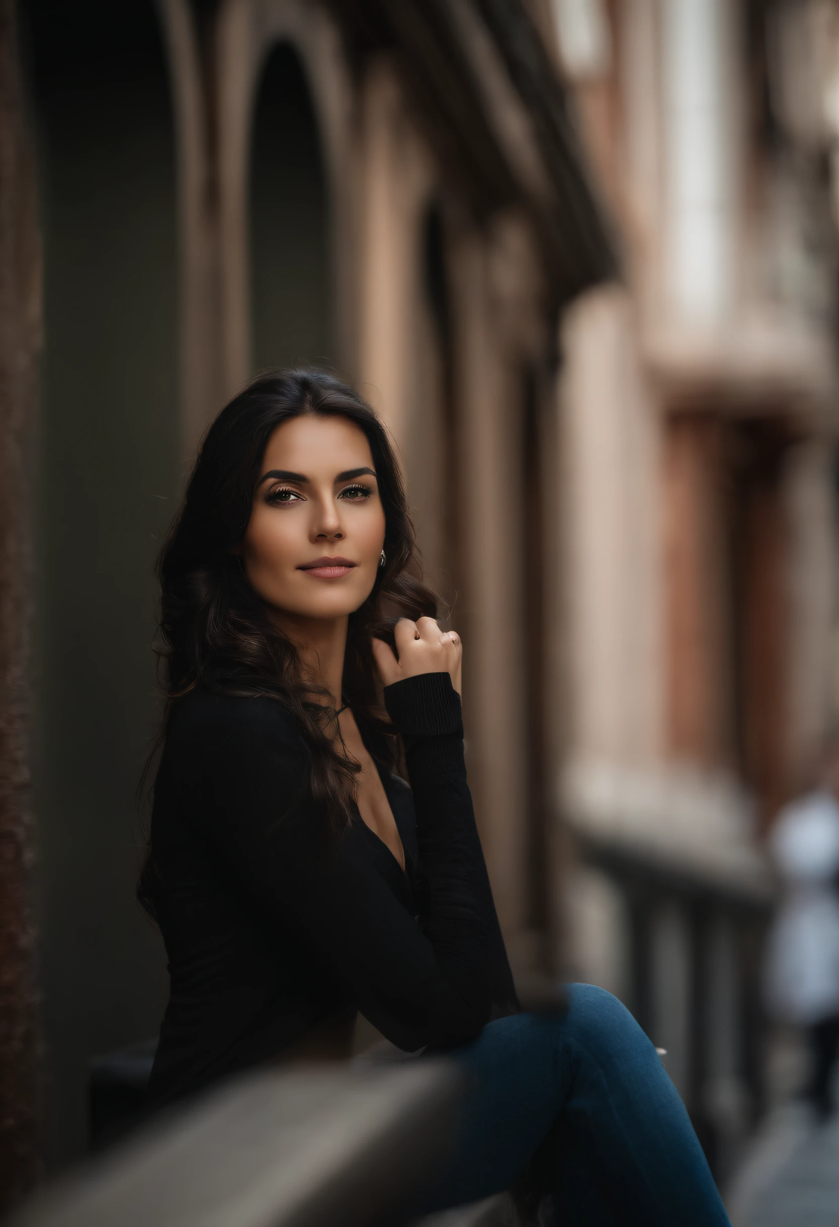 profissional, (4K Photo:1.1) por (Jeremy Lipking:0.3), (Dittmann Anna:0.3), (Marcos Ariano:0.3), (foco nítido:1.3), High detail, Usando (vestdo:1.2), Rosto bonito e detalhado, An attractive woman with long black hair looks into the camera, Panasonic Lumix S Pro 50mm F/1.4, Ana Stokes, salpicos de cor, laranja escuro e esmeralda escura, ferrania p30, foto realista, (mulher jovem atraente:1.3), (sedutor:1.1), (Corar:1.1), Forma do corpo da ampulheta, seios grandes e redondos, quadris largos, no centro de nova york, tirar selfie, usando jumper