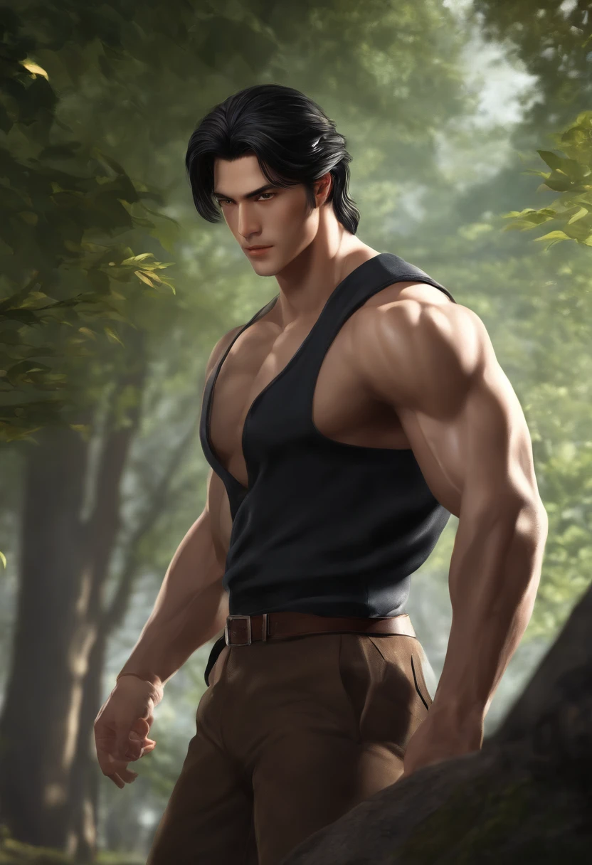 ((1boy)), male only,tank top,pulled pants, small penis , short black hair, stubble, muscular, detailed face, best quality, depth of field, sitting in forest, yellow leaves, fallen leaves, look at the viewer, sunshine, natural lights, detailed, masterpiece, detailed background, composition, farshot, full body view