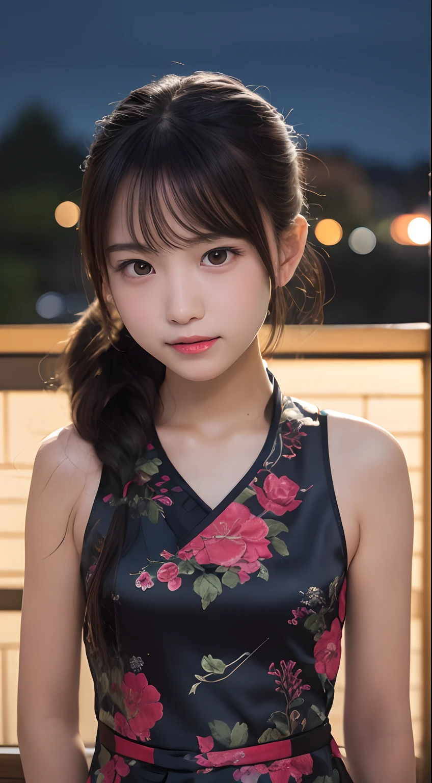 table top, highest quality, 8k, , teen, RAW ph absurd, award-winning portraits, smile, alone, (night:1.8), idol face, violaces, delicate girl, Upper body, Digital single-lens reflex camera, looking at the viewer, Frank, Sophisticated,thin arms, professional lighting, film grain, chromatic aberration, (Eye and face details:1.0), (Bokeh:1.1) , (qipao dress:1.1) , close your mouth