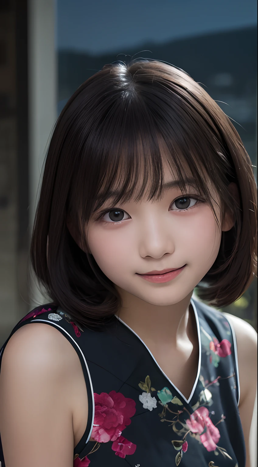 masutepiece, Best Quality, 8K, 10yo student, Teen, Raw photo, absurderes, award winning portrait, Smile, Solo, (Night:1.8), Idol face, violaceaess, Delicate girl, Upper body, Digital SLR, Looking at Viewer, Candid, Sophisticated,Thin arms, Professional Lighting, Film grain, chromatic abberation, (Eyes and faces with detailed:1.0), (Bokeh:1.1) , (qipao dress:1.1) , closes mouth