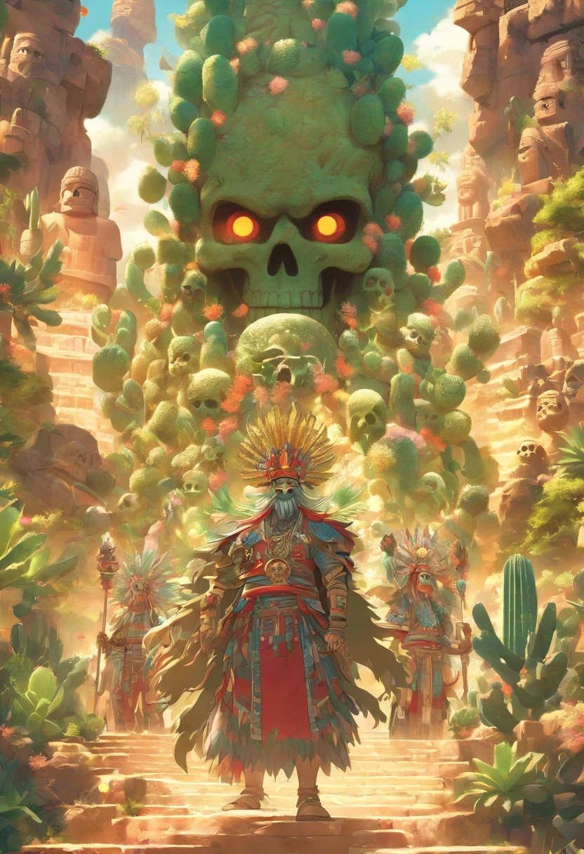 (((Two Men)))best quality, ultra-high resolution, 4K detailed CG, master piece,Hun-Camé,Vucub-Camé,Xibalba, temple,Mayan clothing,Mayan mythology,cactus, stream, desert, sunlight ,((men with skull faces)) Mexico, aesthetics, Beautiful image, centered on the screen