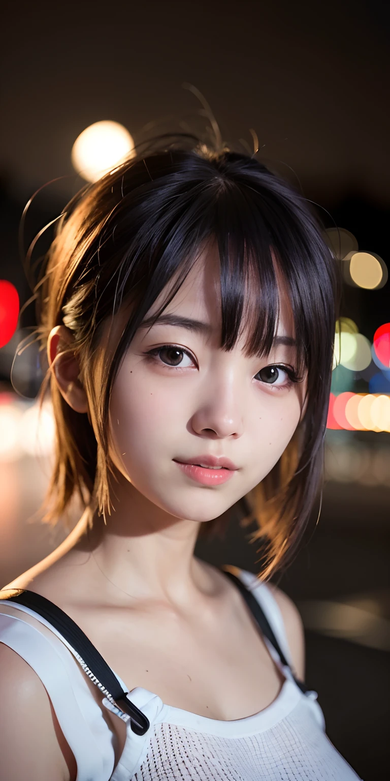 1girl, Tokyo street,night, cityscape,city lights,upper body,close-up,smile,, (8k, RAW photo, best quality, masterpiece:1.2),(realistic, photo-realistic:1.37),