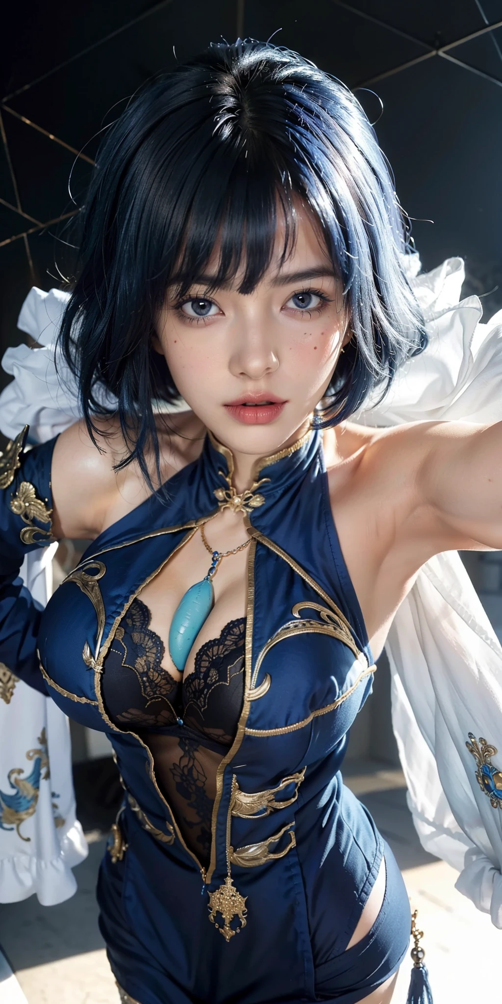 Best quality, masterpiece, big boobs, (large breasts), detailed skin texture, detailed cloth texture, detailed face, super detail, 8k, intricate detail, 1girl, blue hair, pretty lips, short hair