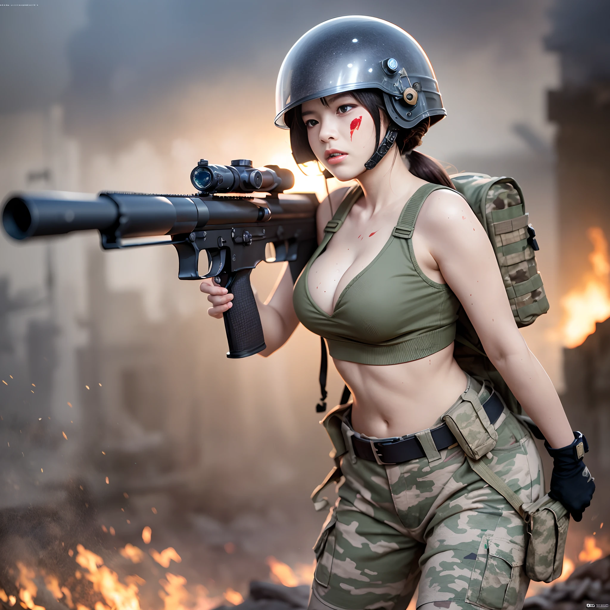 16 year old girl in beautiful Japan of Self-Defense Forces fighting on the battlefield, light muscles, world war, modern war theme, army girl, rifle, (holding a rifle: 1.3), (aiming and holding rifle: 1.3), soldier girl, infantry girl, shootout, air raid, air strike, military, camouflage uniform, burning vehicle, warzone, battlefield, war, ruins, explosion, burning city, smoke, ( helmet), torn tank top, belly button, gloves, torn military pants, face stained with mud and blood, sweaty skin, bloody skin, mud-stained skin, small, cleavage, sad expression of despair, painful expression, highest quality, ultra-high resolution, absurdity, realistic, physically based rendering, cinematic lighting, complex and cinematic appearance, cinematic soft light, soothing tone, battlefield background, urban war background, photorealistic, cowboy shot, dynamic angle