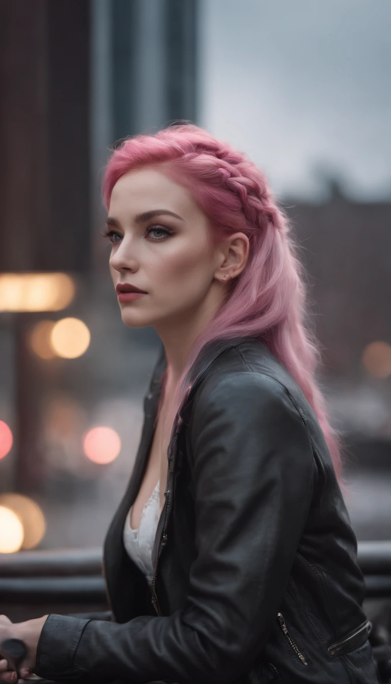 cinematic lighting, 4k, ultra details, ultra realism, woman, harlequin, sad, heavy eye liner, cyber punk city, woman has glowing pink hair, woman sitting on a bench, woman has braided hair, people walking in the background