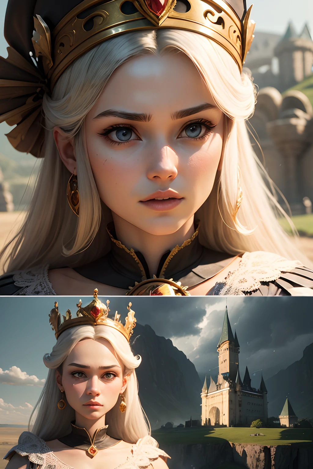 create a 3D poster on the topic: "The weather was beautiful, The princess was terrible" With a terrible ugly princess in the foreground close-up