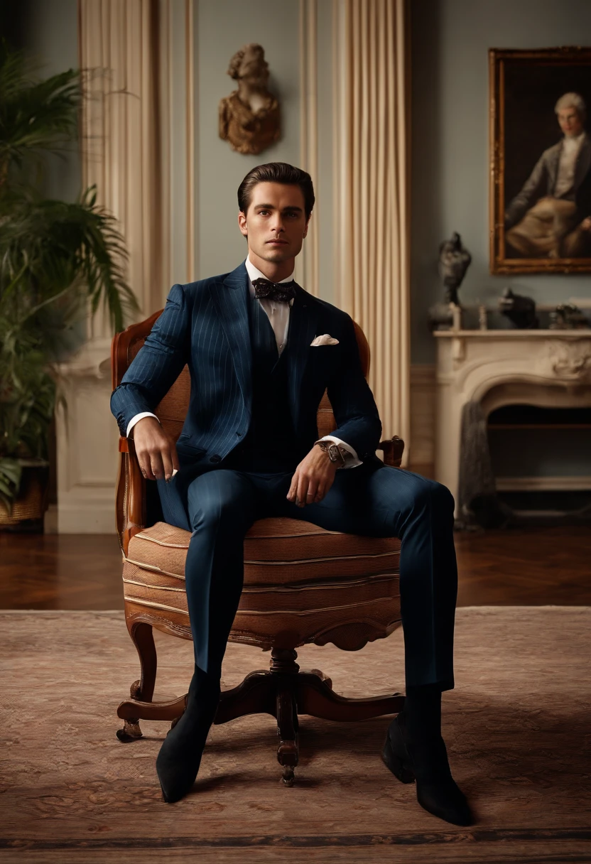 Personnage assis sur une chaise, arm raised, Dark Hair (Neck length hair tied in ponytail), nice pose, bel homme, joli visage, royal elegant pose, Businessman, (in a striped blazer), (The surrounding environment is a luxurious and classic living room) (Image de sable)