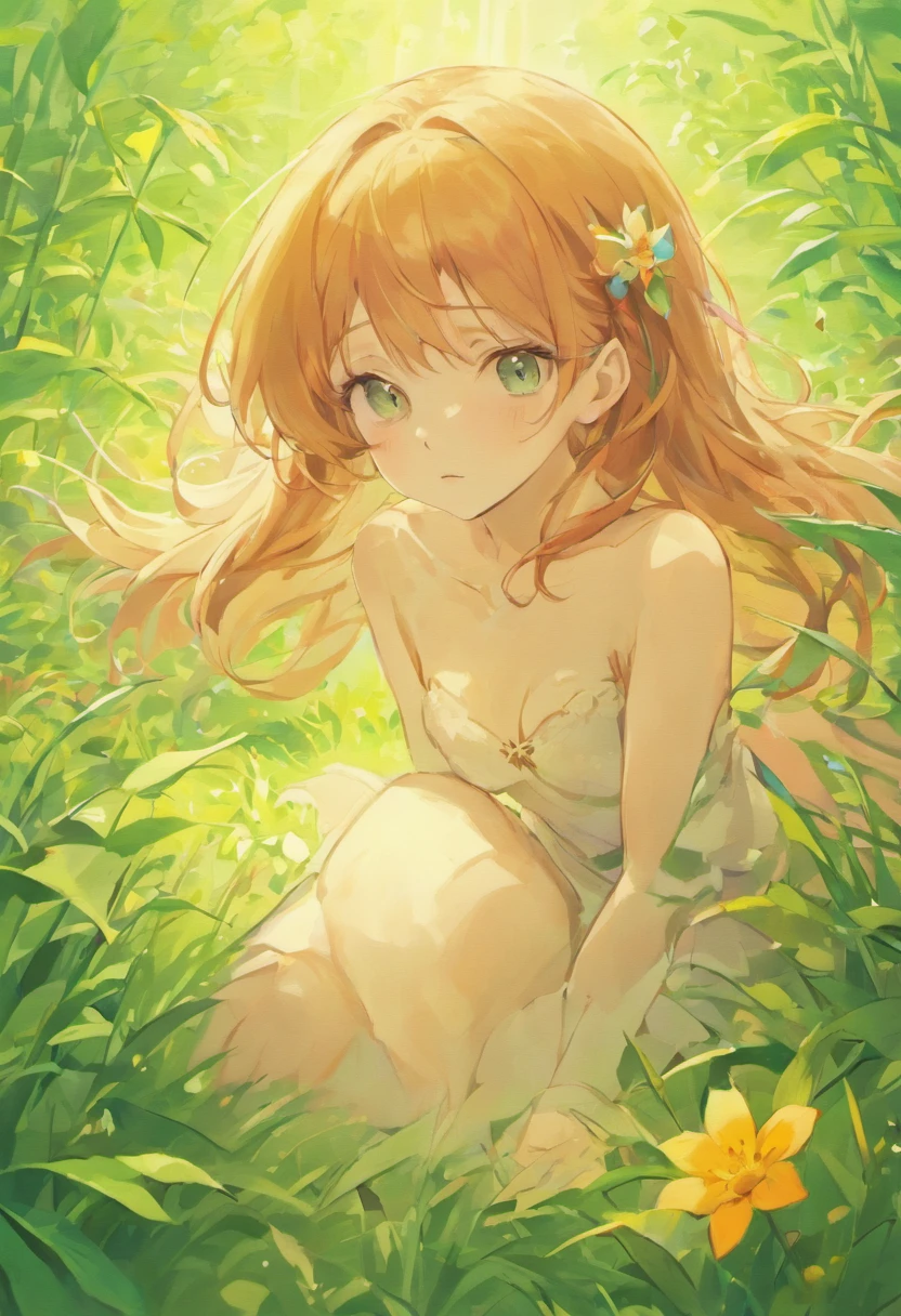 In a farm full of grass girl waifu lying on the grass naked big boobs and ass cinematic scenery