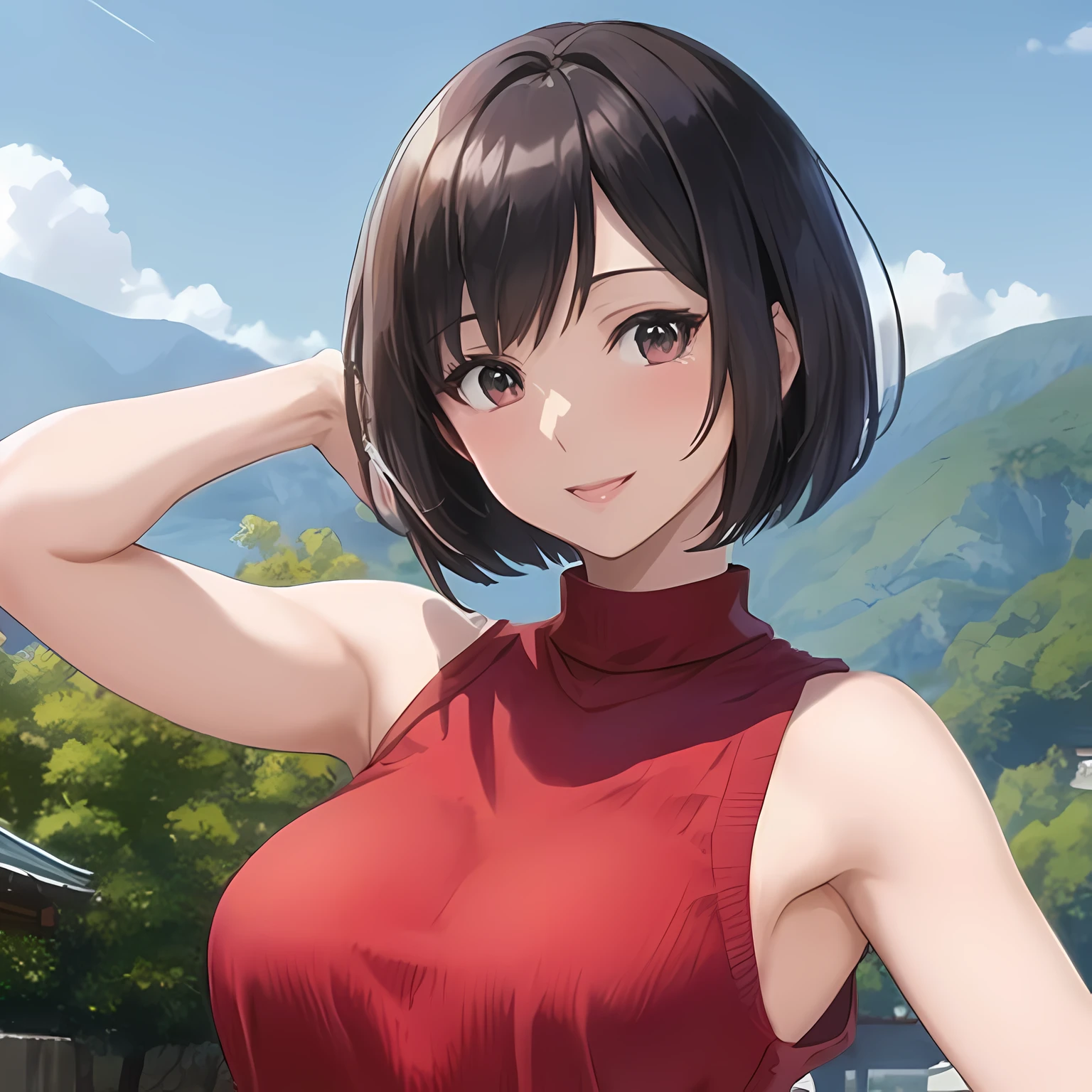 Anime girl in red dress posing in front of mountains, Smooth Anime CG Art, Anime visuals of cute girls, charming anime girls, official artwork, By Shinkai Makoto. a digital rendering, With short hair, photorealistic anime girl render, anime visual of a young woman, Beautiful anime girl, Shinkai Makoto style, Makoto Shinkai and ArtGerm
